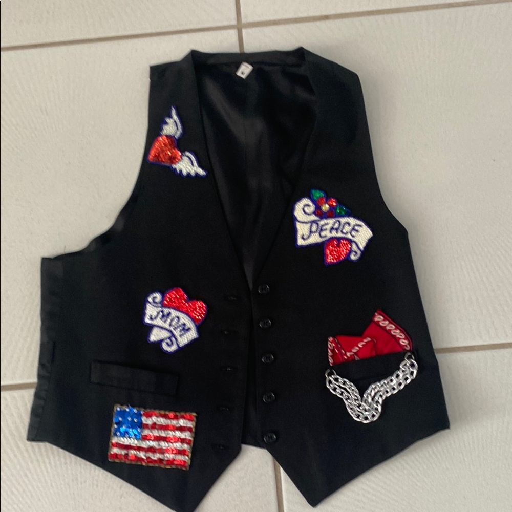 NWOT Overqualified Black Vest. Sequined patches bandana chain. Hand done Medium
